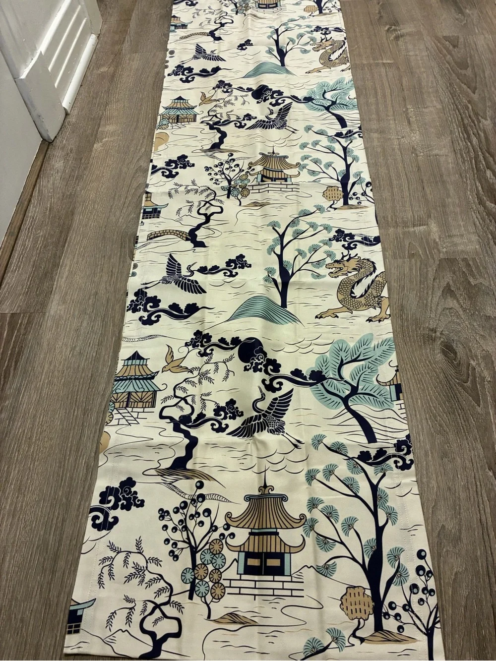 Spoonflower Japanese Village Chinoiserie Pagoda Blue Table Runner